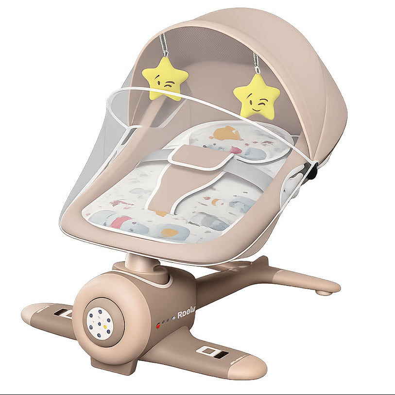 An electric rocking chair for babies, shown in a gray-beige color.