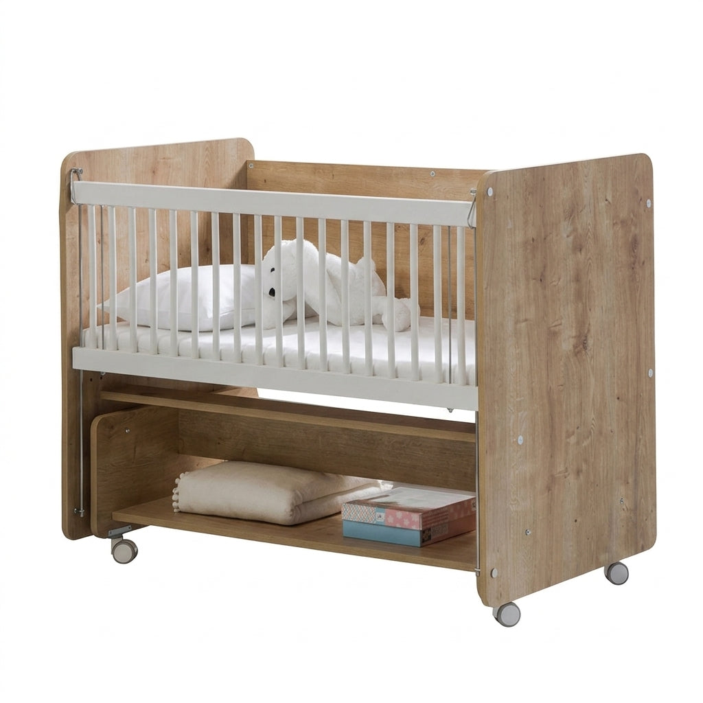 Modern Wooden Baby Cot with Adjustable Mattress Height & Storage Shelf