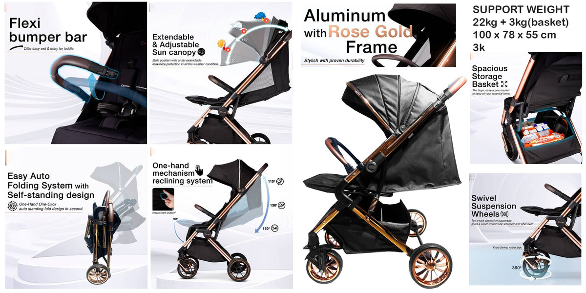 Luxury Rose Gold & Black Baby Stroller