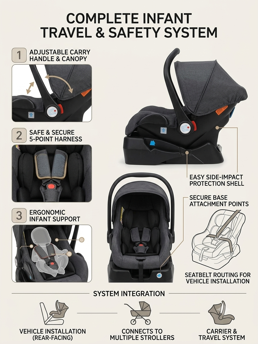 Newborn to Infant Safety Car Seat with Stay-in-Car Base – Lightweight Portable Baby Carrier with Canopy