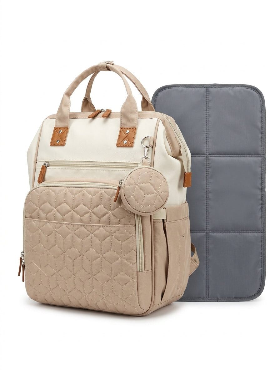 Multi-Pocket Quilted Diaper Backpack with Changing Mat & Pacifier Case