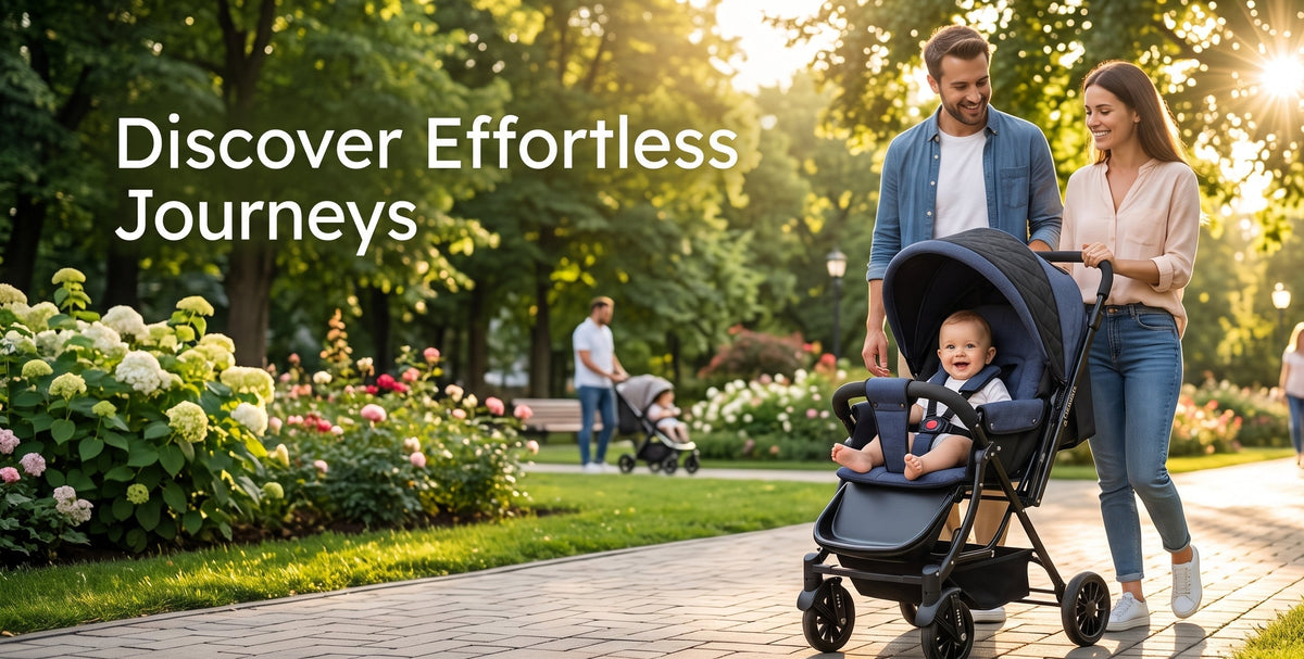 A man and a woman walk with a baby in a stroller along a sunlit park path, with flowers and trees in the background. Large text on the left reads 'Discover Effortless Journeys.
