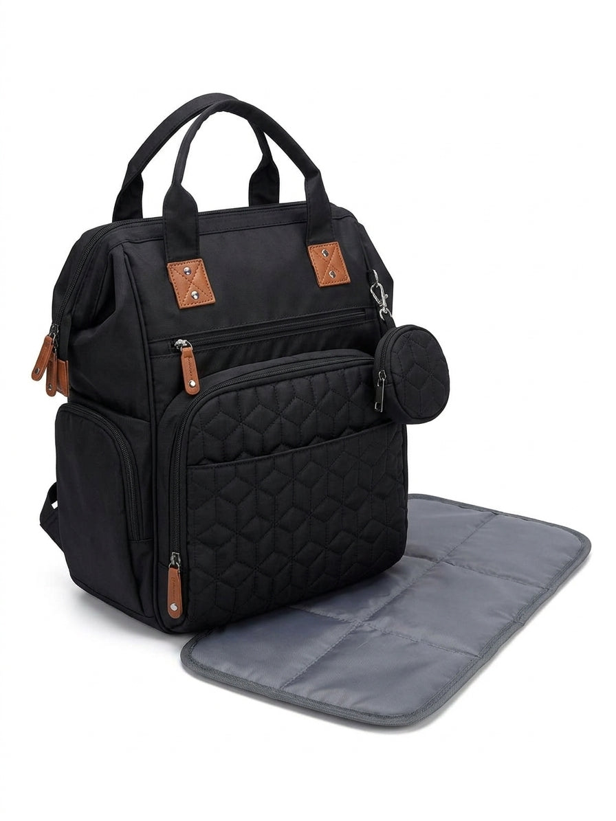 Multi-Pocket Quilted Diaper Backpack with Changing Mat & Pacifier Case