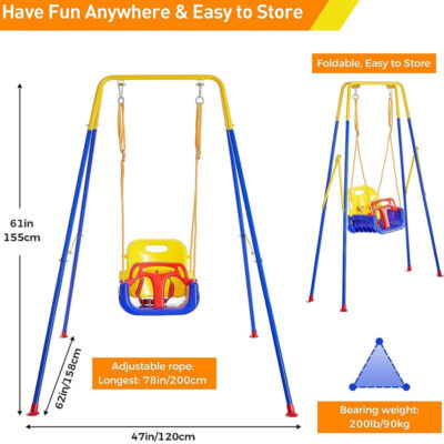 3-in-1 Convertible Kids Swing Set with Foldable Metal Stand